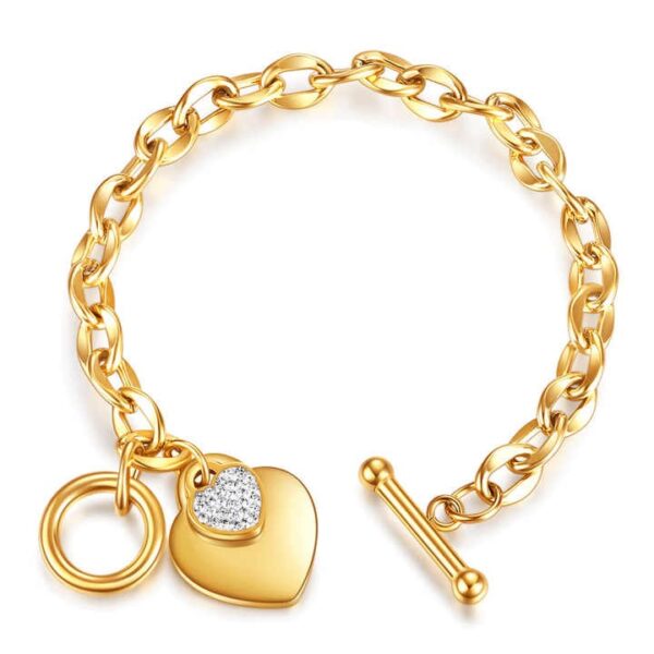 Oval Link Chain Zircon Heart Charm and T Clasp Bracelet